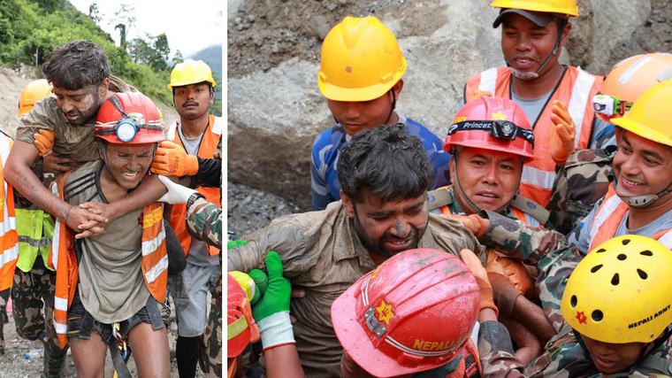Enkazın altından 9 gün sonra gelen sesler gözyaşlarına boğdu: Nepal'de 2 işçi hayata tutundu