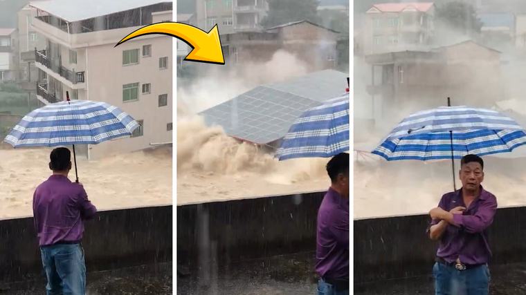 Üçüncü kez tayfun vurdu, Çin sele teslim! 3 katlı ev saniyeler içinde böyle çöktü